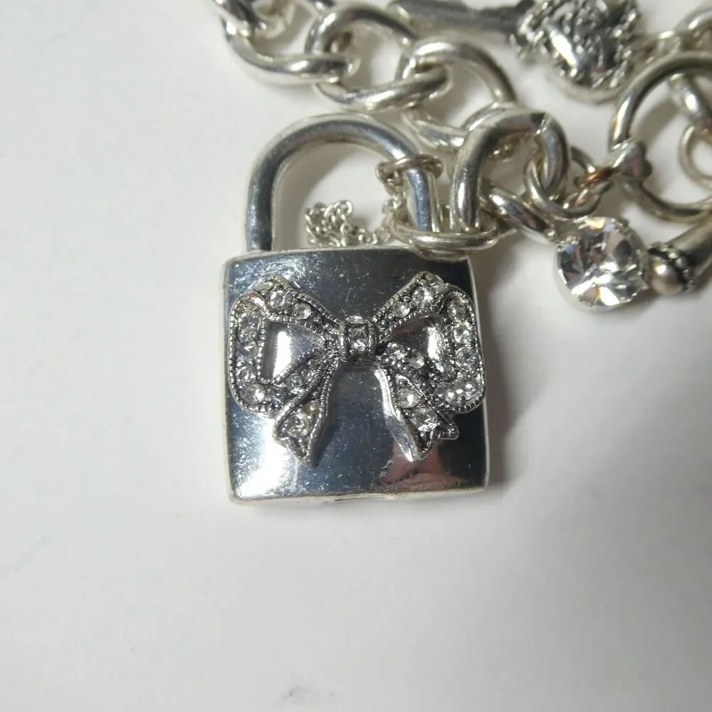 Betsey Johnson Padlock Chain Bracelet Silvertone Rhinestone